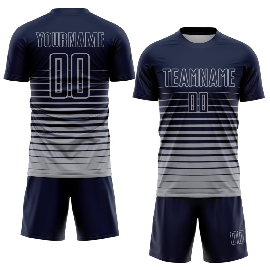 Uniforme de fútbol personalizado de moda con raya diplomática azul marino, camiseta de sublimación gris Uniforme de fútbol personalizado de moda con raya diplomática azul marino, camiseta de sublimación gris