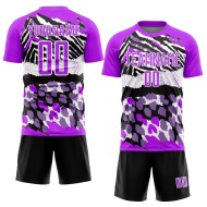 Camiseta de fútbol con estampado morado, blanco y negro, personalizada, sublimación Camiseta de fútbol con estampado morado, blanco y negro, personalizada, sublimación