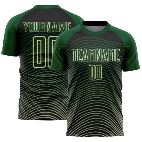 Camiseta de fútbol personalizada con degradado verde, color crema y negro, con diseño geométrico y sublimación de líneas Camiseta de fútbol personalizada con degradado verde, color crema y negro, con diseño geométrico y sublimación de líneas