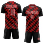 Uniforme de fútbol sublimado negro con estampado de rombos, camiseta roja y blanca personalizada Uniforme de fútbol sublimado negro con estampado de rombos, camiseta roja y blanca personalizada