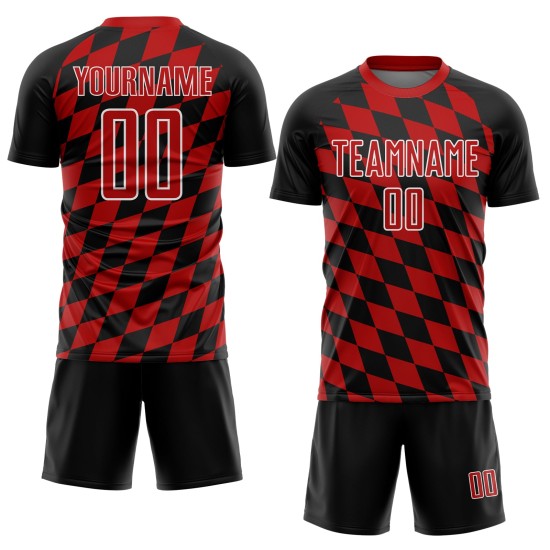 Uniforme de fútbol sublimado negro con estampado de rombos, camiseta roja y blanca personalizada Uniforme de fútbol sublimado negro con estampado de rombos, camiseta roja y blanca personalizada