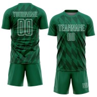 Camiseta de fútbol personalizada con diseño geométrico verde Kelly y formas blancas para sublimación Camiseta de fútbol personalizada con diseño geométrico verde Kelly y formas blancas para sublimación