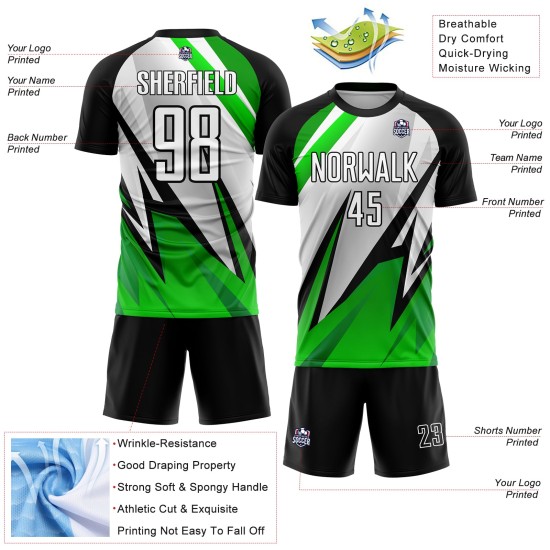 Uniforme de fútbol negro personalizado, camiseta blanca y verde Aurora sublimada Uniforme de fútbol negro personalizado, camiseta blanca y verde Aurora sublimada