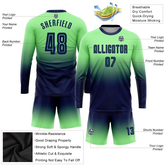 Camiseta de fútbol verde de moda personalizada con sublimación, manga larga, color azul marino degradado Camiseta de fútbol verde de moda personalizada con sublimación, manga larga, color azul marino degradado