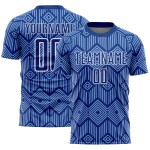 Camiseta de fútbol personalizada con sublimación geométrica, diseño abstracto azul y blanco, con formas reales claras Camiseta de fútbol personalizada con sublimación geométrica, diseño abstracto azul y blanco, con formas reales claras