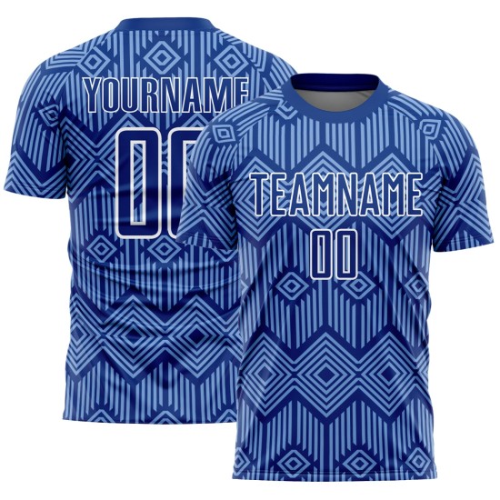 Camiseta de fútbol personalizada con sublimación geométrica, diseño abstracto azul y blanco, con formas reales claras Camiseta de fútbol personalizada con sublimación geométrica, diseño abstracto azul y blanco, con formas reales claras