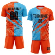 Camiseta de fútbol personalizada con estampado de grafiti de sublimación azul-naranja y negro, uniforme Sky Camiseta de fútbol personalizada con estampado de grafiti de sublimación azul-naranja y negro, uniforme Sky