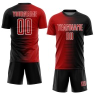 Camiseta de fútbol personalizada con degradado de línea, uniforme de sublimación negro, rojo y blanco Camiseta de fútbol personalizada con degradado de línea, uniforme de sublimación negro, rojo y blanco