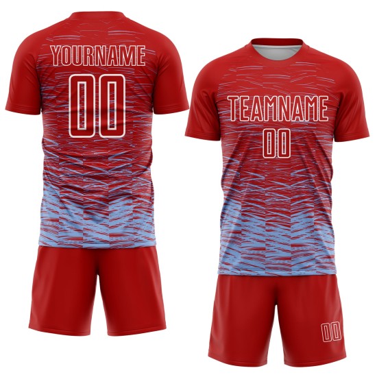 Camiseta de fútbol personalizada por sublimación, uniforme de línea ligera azul y blanca, color rojo Camiseta de fútbol personalizada por sublimación, uniforme de línea ligera azul y blanca, color rojo