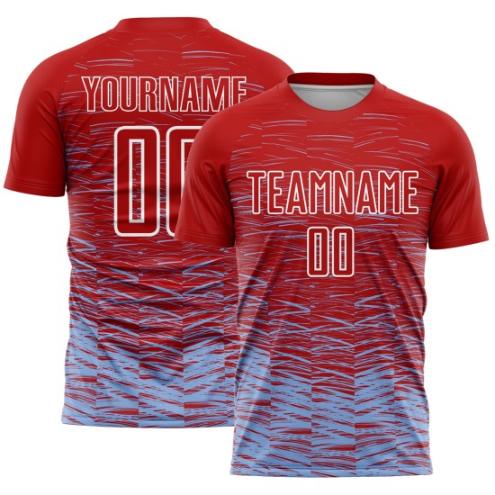 Camiseta de fútbol personalizada por sublimación, uniforme de línea ligera azul y blanca, color rojo Camiseta de fútbol personalizada por sublimación, uniforme de línea ligera azul y blanca, color rojo