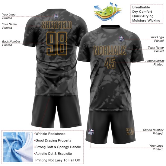 Uniforme de fútbol personalizado dorado con sublimación, arte abstracto, gris-negro antiguo grunge Uniforme de fútbol personalizado dorado con sublimación, arte abstracto, gris-negro antiguo grunge