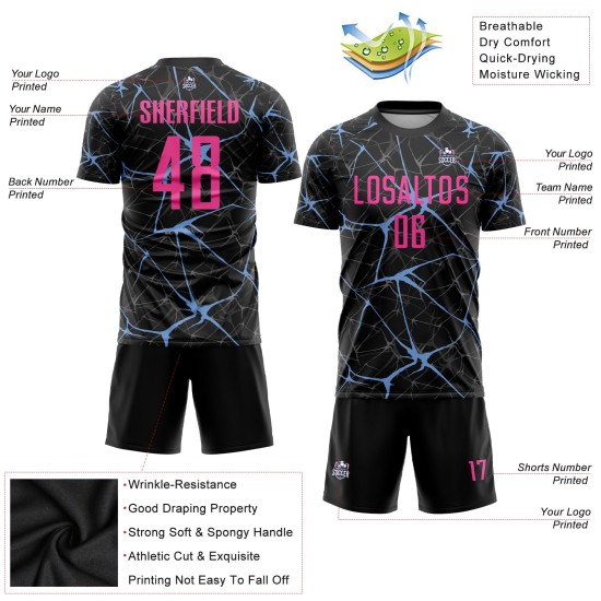 Camiseta de uniforme de fútbol negra sublimada rosa-azul claro personalizada Camiseta de uniforme de fútbol negra sublimada rosa-azul claro personalizada