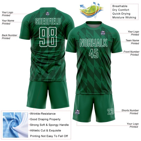 Camiseta de fútbol personalizada con diseño geométrico verde Kelly y formas blancas para sublimación Camiseta de fútbol personalizada con diseño geométrico verde Kelly y formas blancas para sublimación