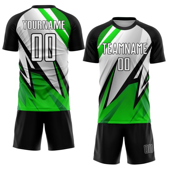 Uniforme de fútbol negro personalizado, camiseta blanca y verde Aurora sublimada Uniforme de fútbol negro personalizado, camiseta blanca y verde Aurora sublimada