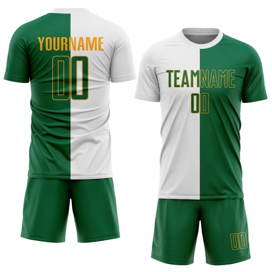 Uniforme de sublimación, camiseta blanca de fútbol dividida, personalizada, moda Kelly verde-dorado Uniforme de sublimación, camiseta blanca de fútbol dividida, personalizada, moda Kelly verde-dorado