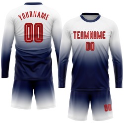 Camiseta de fútbol personalizada blanca con sublimación desvanecida, manga larga, color rojo y azul marino Camiseta de fútbol personalizada blanca con sublimación desvanecida, manga larga, color rojo y azul marino