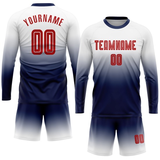 Camiseta de fútbol personalizada blanca con sublimación desvanecida, manga larga, color rojo y azul marino Camiseta de fútbol personalizada blanca con sublimación desvanecida, manga larga, color rojo y azul marino