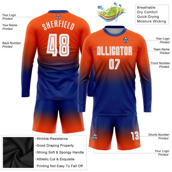 Camiseta de fútbol personalizada de sublimación con mangas en blanco y naranja real, con decoloración larga Camiseta de fútbol personalizada de sublimación con mangas en blanco y naranja real, con decoloración larga