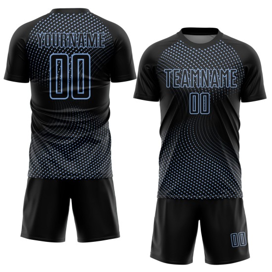 Uniforme de fútbol con líneas de sublimación geométricas, camiseta negra personalizada, azul claro Uniforme de fútbol con líneas de sublimación geométricas, camiseta negra personalizada, azul claro