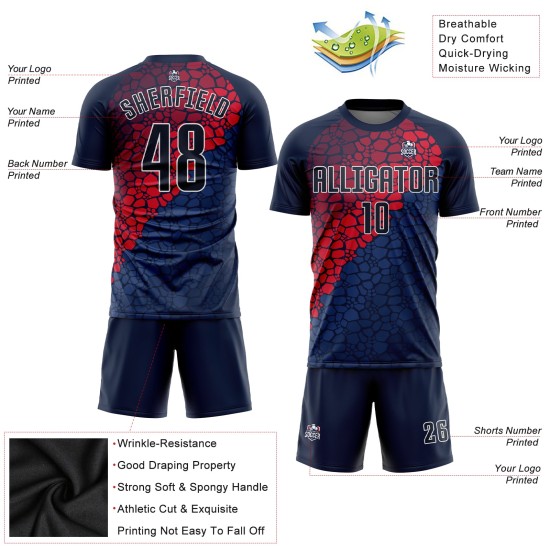 Camiseta de fútbol personalizada por sublimación, uniforme azul marino, azul marino y rojo Camiseta de fútbol personalizada por sublimación, uniforme azul marino, azul marino y rojo