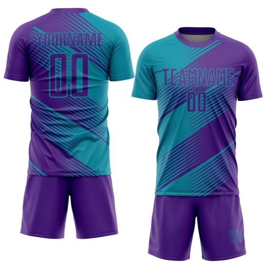 Camiseta de fútbol personalizada por sublimación en color verde azulado y morado Camiseta de fútbol personalizada por sublimación en color verde azulado y morado