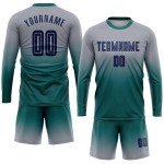 Camiseta larga de fútbol azul marino-verde azulado con mangas desteñidas grises personalizadas por sublimación Camiseta larga de fútbol azul marino-verde azulado con mangas desteñidas grises personalizadas por sublimación