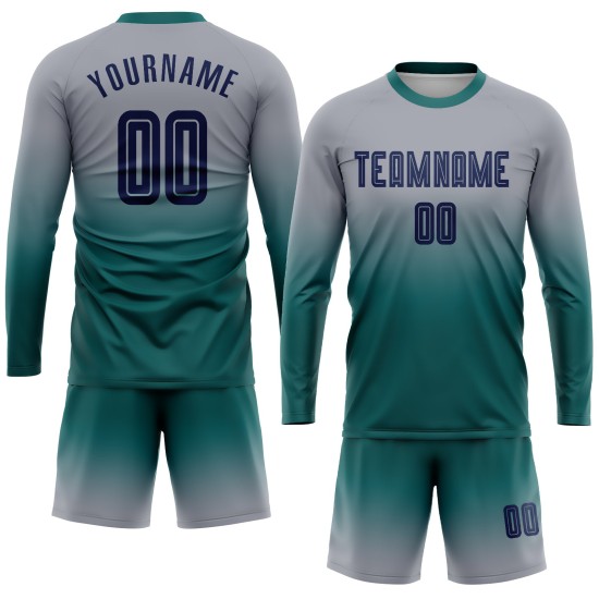 Camiseta larga de fútbol azul marino-verde azulado con mangas desteñidas grises personalizadas por sublimación Camiseta larga de fútbol azul marino-verde azulado con mangas desteñidas grises personalizadas por sublimación