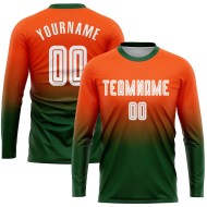 Camiseta de fútbol naranja con mangas personalizadas, uniforme de sublimación, decoloración, moda, larga, blanco y verde