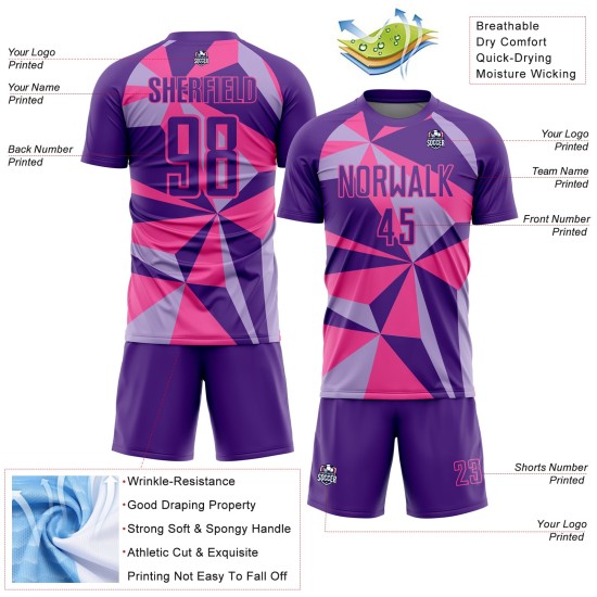 Uniforme de fútbol rosa con patrón personalizado, camiseta geométrica de sublimación morada Uniforme de fútbol rosa con patrón personalizado, camiseta geométrica de sublimación morada