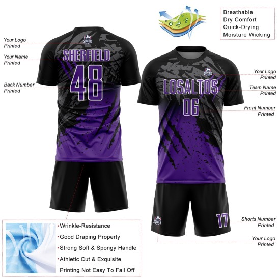 Camiseta personalizada de fútbol con degradado morado y blanco para sublimación, color negro y rayado Camiseta personalizada de fútbol con degradado morado y blanco para sublimación, color negro y rayado