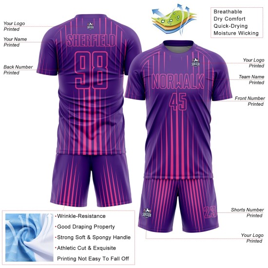 Camiseta personalizada de sublimación con líneas de uniforme de fútbol morado y rosa Camiseta personalizada de sublimación con líneas de uniforme de fútbol morado y rosa