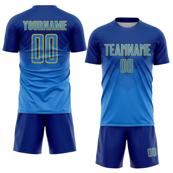 Uniforme de fútbol personalizado por sublimación, camiseta azul real y dorada. Uniforme de fútbol personalizado por sublimación, camiseta azul real y dorada.