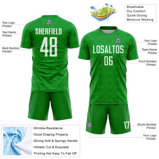 Camiseta de fútbol blanca con diseño geométrico de sublimación de césped y formas verdes personalizadas Camiseta de fútbol blanca con diseño geométrico de sublimación de césped y formas verdes personalizadas