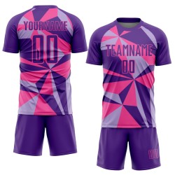 Uniforme de fútbol rosa con patrón personalizado, camiseta geométrica de sublimación morada Uniforme de fútbol rosa con patrón personalizado, camiseta geométrica de sublimación morada