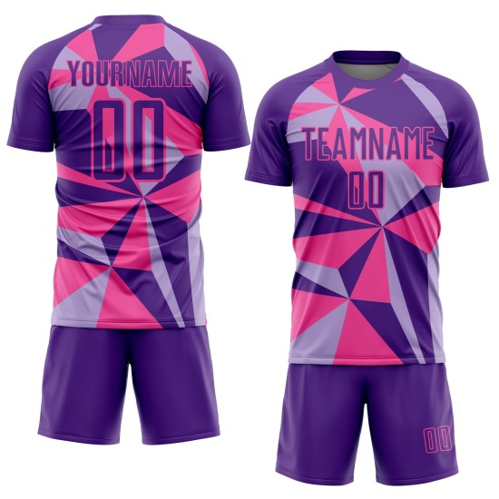 Uniforme de fútbol rosa con patrón personalizado, camiseta geométrica de sublimación morada Uniforme de fútbol rosa con patrón personalizado, camiseta geométrica de sublimación morada