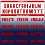 Camiseta de fútbol personalizada blanca con sublimación desvanecida, manga larga, color rojo y azul marino Camiseta de fútbol personalizada blanca con sublimación desvanecida, manga larga, color rojo y azul marino