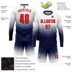 Camiseta de fútbol personalizada blanca con sublimación desvanecida, manga larga, color rojo y azul marino Camiseta de fútbol personalizada blanca con sublimación desvanecida, manga larga, color rojo y azul marino
