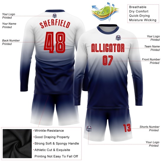Camiseta de fútbol personalizada blanca con sublimación desvanecida, manga larga, color rojo y azul marino Camiseta de fútbol personalizada blanca con sublimación desvanecida, manga larga, color rojo y azul marino