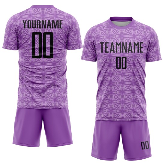 Camiseta de fútbol personalizada de sublimación geométrica morada, tamaño mediano, con formas negras y moradas Camiseta de fútbol personalizada de sublimación geométrica morada, tamaño mediano, con formas negras y moradas