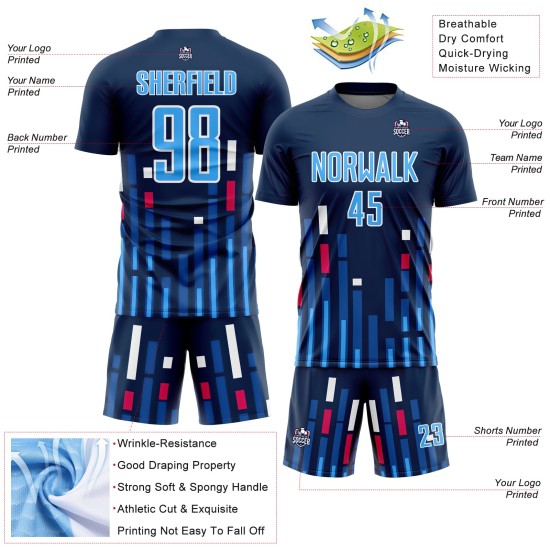 Camiseta personalizada de EE. UU., uniforme azul marino y blanco, líneas de sublimación azul cielo, fútbol Camiseta personalizada de EE. UU., uniforme azul marino y blanco, líneas de sublimación azul cielo, fútbol