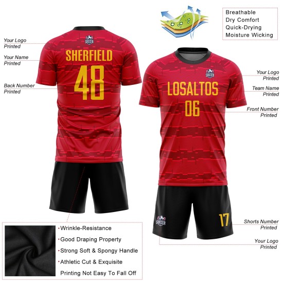 Camiseta de fútbol personalizada con sublimación, color dorado, negro y rojo Camiseta de fútbol personalizada con sublimación, color dorado, negro y rojo