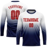 Camiseta de fútbol personalizada blanca con sublimación desvanecida, manga larga, color rojo y azul marino Camiseta de fútbol personalizada blanca con sublimación desvanecida, manga larga, color rojo y azul marino