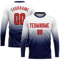 Camiseta de fútbol personalizada blanca con sublimación desvanecida, manga larga, color rojo y azul marino