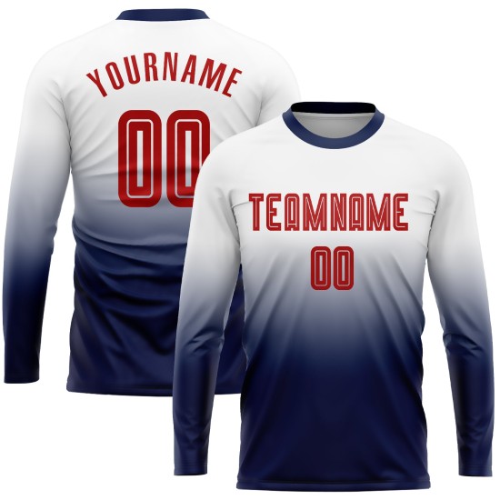 Camiseta de fútbol personalizada blanca con sublimación desvanecida, manga larga, color rojo y azul marino Camiseta de fútbol personalizada blanca con sublimación desvanecida, manga larga, color rojo y azul marino