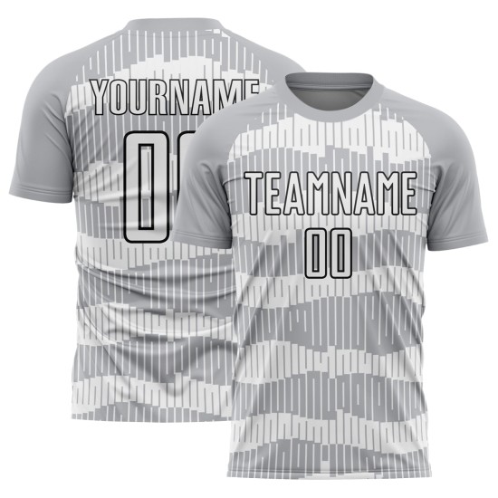 Camiseta de fútbol personalizada de sublimación, color blanco y negro, con rayas grises Camiseta de fútbol personalizada de sublimación, color blanco y negro, con rayas grises