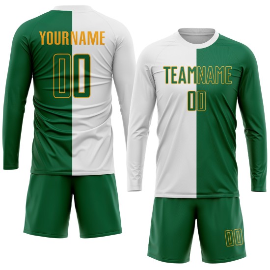 Uniforme de sublimación, camiseta blanca de fútbol dividida, personalizada, moda Kelly verde-dorado Uniforme de sublimación, camiseta blanca de fútbol dividida, personalizada, moda Kelly verde-dorado