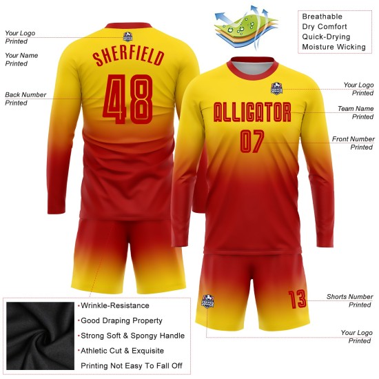 Camiseta larga roja desteñida personalizada, dorada, de sublimación, manga de uniforme de fútbol Camiseta larga roja desteñida personalizada, dorada, de sublimación, manga de uniforme de fútbol