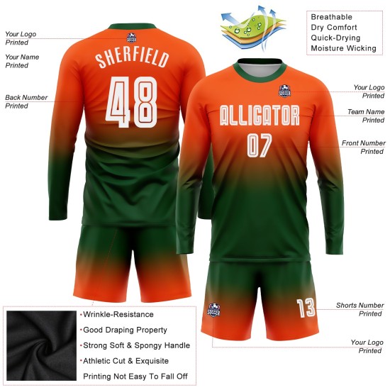 Camiseta de fútbol naranja con mangas personalizadas, uniforme de sublimación, decoloración, moda, larga, blanco y verde Camiseta de fútbol naranja con mangas personalizadas, uniforme de sublimación, decoloración, moda, larga, blanco y verde