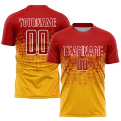 Camiseta de fútbol personalizada sublimada en dorado, rojo y blanco