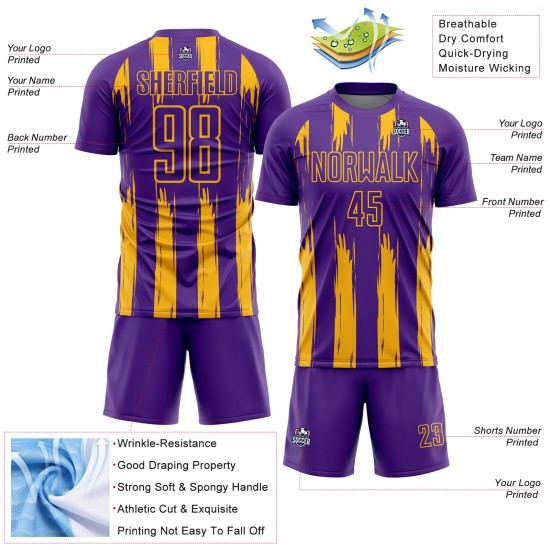 Uniforme de fútbol de sublimación con rayas doradas y moradas, personalizado y abstracto Uniforme de fútbol de sublimación con rayas doradas y moradas, personalizado y abstracto